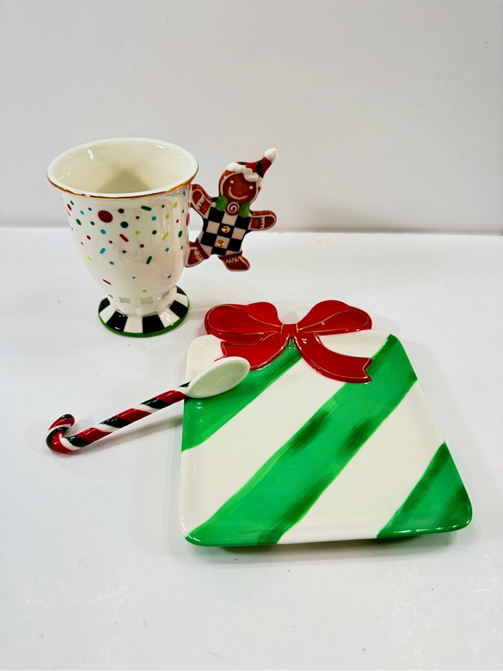 MacKenzie-Childs Bake Shop Gingerbread Handle Mug, Spoon, Plate Set NWT AS IS